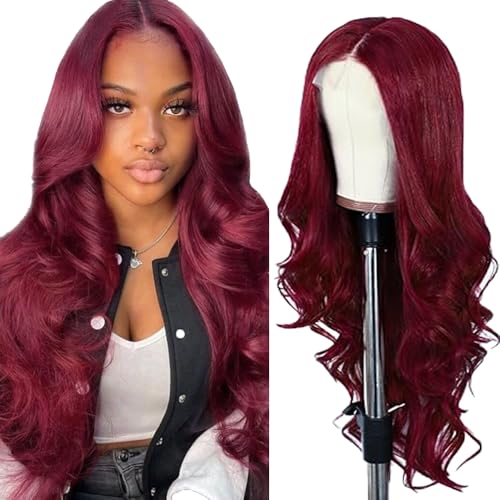 Lakaisa Body Wave Human Hair Wig Burgundy 4X4 Lace Front Echthaar Perücke Wear and Go Glueless 100% Unprocessed Brazilian Remy Hair Perücke Echthaar Damen No Smell for Woman 22 Zoll von Lakaisa