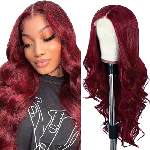 Lakaisa Body Wave Human Hair Wig Burgundy 4X4 Lace Front Echthaar Perücke Wear and Go Glueless 100% Unprocessed Brazilian Remy Hair Perücke Echthaar Damen No Smell for Woman 24 Zoll von Lakaisa