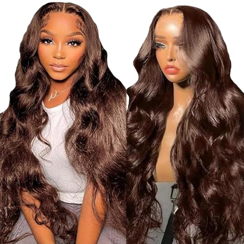 Lakaisa Body Wave Human Hair Wig Lace Frontal Perücke Damen Echthaar Glueless Wear and Go Grade 8 A 100% Brazilian Remy Hair 4X1 HD Lace #4 Chocolate Hair No Smell for Women 26 Inch von Lakaisa