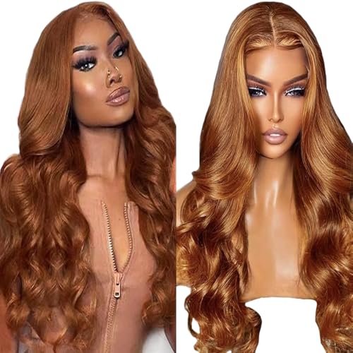 Lakaisa Body Wave Human Hair Wig Lace Frontal Perücke Damen Echthaar Glueless Wear and Go Grade 8 A 100% Brazilian Remy Hair 4X1 HD Lace #30 Brown Color Hair No Smell for Women 34 Inch von Lakaisa