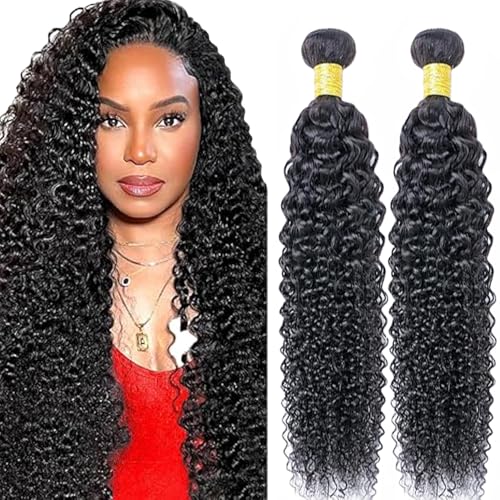 Lakaisa Curly Wave Human Hair Bundles Echthaar Tressen Extensions Sew in Hair Natural Black Real Hair Extensions 2 Bundles 100% Unprocessed Brazilian Virgin Hair for Woman 32 32 Zoll von Lakaisa