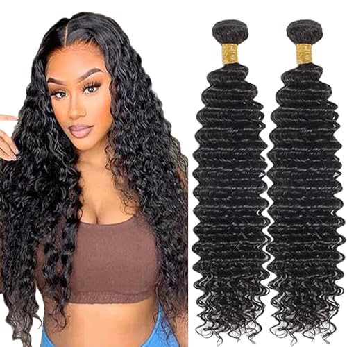 Lakaisa Deep Wave Human Hair Bundles Echthaar Tressen Extensions Sew in Hair Natural Black Real Hair Extensions 2 Bundles Unprocessed Virgin Hair for Woman 22 22 Zoll von Lakaisa