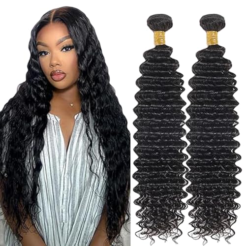 Lakaisa Deep Wave Human Hair Bundles Echthaar Tressen Extensions Sew in Hair Natural Black Real Hair Extensions 2 Bundles 100% Unprocessed Brazilian Virgin Hair for Woman 32 32 Zoll von Lakaisa
