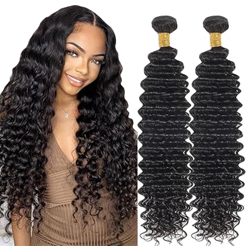 Lakaisa Deep Wave Human Hair Bundles Echthaar Tressen Extensions Sew in Hair Natural Black Real Hair Extensions 2 Bundles 100% Unprocessed Brazilian Virgin Hair for Woman 34 34 Zoll von Lakaisa