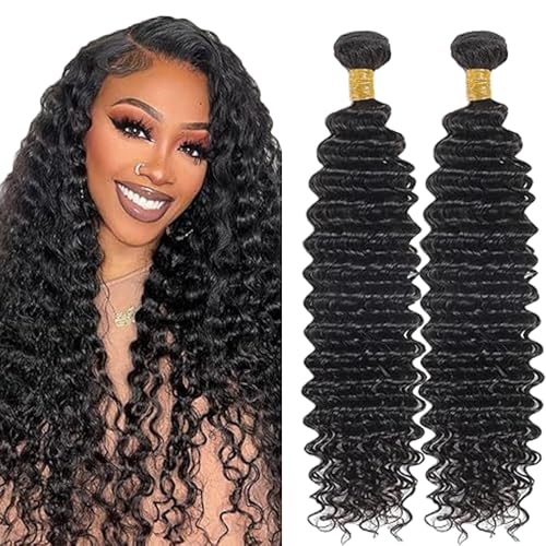 Lakaisa Deep Wave Human Hair Bundles Echthaar Tressen Extensions Sew in Hair Natural Black Real Hair Extensions 2 Bundles Unprocessed Virgin Human Hair for Women 12 12 Zoll von Lakaisa
