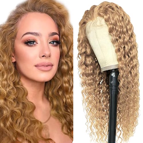 Lakaisa Deep Wave Human Hair Wig Blonde 4x1 Lace #27 Blond Echthaar Perücke Damen Real Hair Glueless Wear and Go with Baby Hair 150% Density Unprocessed Virgin Hair Brazilian Remy Hair 18 Zoll von Lakaisa