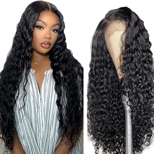 Lakaisa Deep Wave Human Hair Wig Echthaar Perücke Damen 13X1 Lace Natural Black Pre Plucked Unprocessed Remy Hair 150% Density Low Shedding Minimal Tangle for Women 16 Zoll von Lakaisa