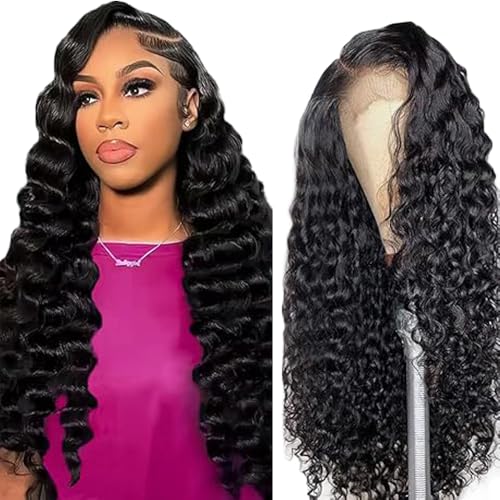 Lakaisa Deep Wave Human Hair Wig Echthaar Perücke Damen 13X1 Lace Natural Black Pre Plucked Unprocessed Remy Hair 150% Density Low Shedding Minimal Tangle for Women 26 Zoll von Lakaisa