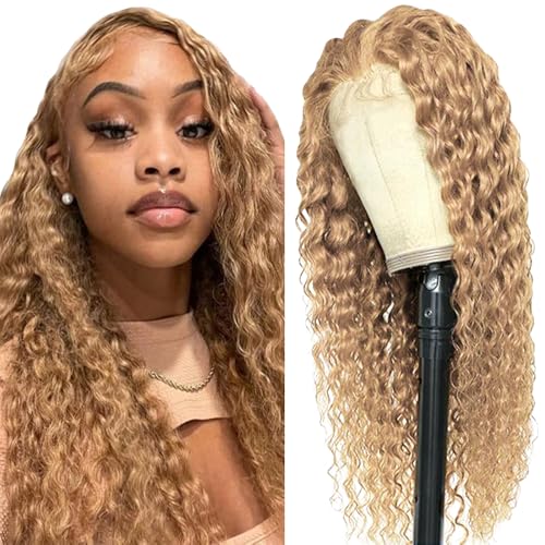 Lakaisa Deep Wave Human Hair Wig Blonde 4x1 Lace #27 Blond Echthaar Perücke Damen Real Hair Glueless Wear and Go with Baby Hair 150% Density Unprocessed Virgin Hair Brazilian Remy Hair 28 Zoll von Lakaisa