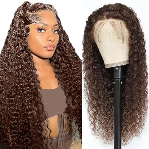 Lakaisa Deep Wave Human Hair Wig Lace Frontal Perücke Damen Echthaar Glueless Wear and Go Grade 8 A 100% Brazilian Remy Hair 4X1 HD Lace #4 Chocolate Hair No Smell for Women 26 Inch von Lakaisa