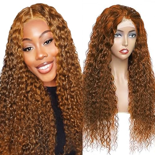 Lakaisa Curly Wave Human Hair Wig Lace Frontal Perücke Damen Echthaar Glueless Wear and Go Grade 8 A 100% Brazilian Remy Hair 4X1 HD Lace #30 Brown Color Hair No Smell for Women 24 Inch von Lakaisa