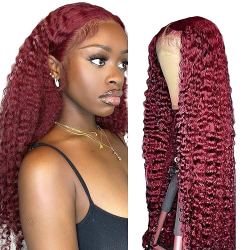 Lakaisa Deep Wave Human Hair Wig Burgundy 4x1 Lace #99J Red Echthaar Perücke Damen Real Hair Glueless Wear and Go with Baby Hair 150% Density Unprocessed Virgin Hair Brazilian Remy Hair 18 Zoll von Lakaisa