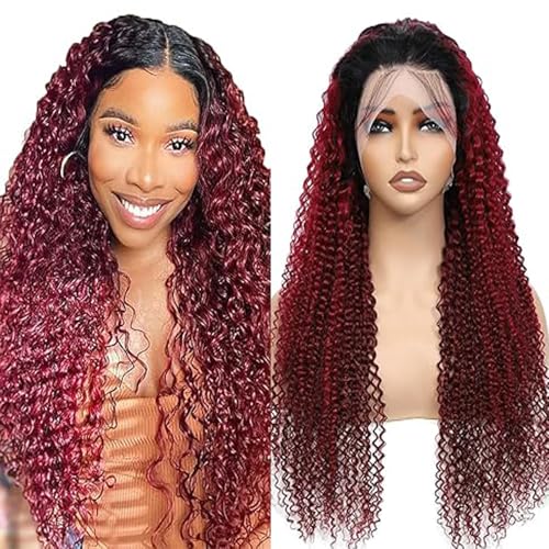 Lakaisa Echthaar Damen Kinky Curly Wig 100% Brazilian Remy Hair 13x1 HD Lace 1B/99J Red Ombre Color 180% Density 20 Zoll - Perücke Wig 21.5-22.5 inch von Lakaisa