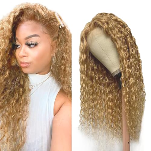 Lakaisa Curly Wave Human Hair Wig Blonde 4x1 Lace #27 Blond Echthaar Perücke Damen Real Hair Glueless Wear and Go with Baby Hair 150% Density Unprocessed Virgin Hair Brazilian Remy Hair 32 Zoll von Lakaisa