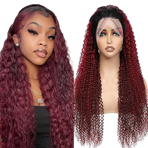 Lakaisa Kinky Curly Wig Front Lace Wig Human Hair Wig Perücke Echthaar Damen Glueless Wig Wear and Go Burgundy Tow Tone Color 13X1 HD Lace 180% Density No Smell No Tangle 24 Zoll von Lakaisa