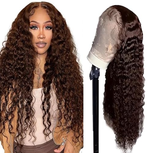Lakaisa Deep Wave Human Hair Wig Brown 4x1 Lace #4 Chocolate Echthaar Perücke Damen Real Hair Glueless Wear and Go with Baby Hair 150% Density Unprocessed Virgin Hair Brazilian Remy Hair 22 Zoll von Lakaisa