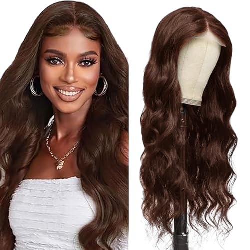 Lakaisa Menschliches Haar Body Wave Human Hair Wig 4X1 Lace #4 Chocolate Brown Glueless Wear and Go Perücke Damen Echthaar Pre Bleached Knots Pre Plucked with Baby Hair for Woman 28 Zoll von Lakaisa