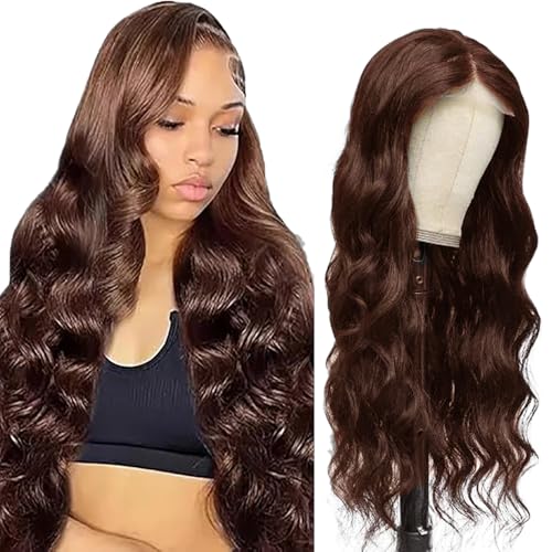 Lakaisa Menschliches Haar Body Wave Human Hair Wig 4X1 Lace #4 Chocolate Brown Glueless Wear and Go Perücke Damen Echthaar Pre Bleached Knots Pre Plucked with Baby Hair for Woman 32 Zoll von Lakaisa