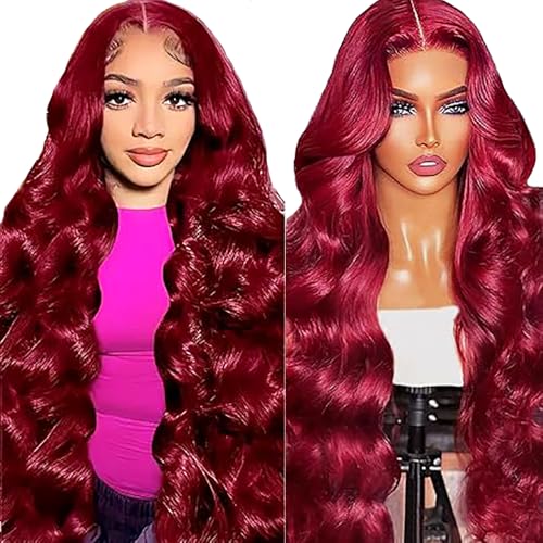 Lakaisa Menschliches Haar Body Wave Human Hair Wig 4X1 Lace #99J Burgundy Glueless Wear and Go Perücke Damen Echthaar Pre Bleached Knots Pre Plucked with Baby Hair for Woman 16 Zoll von Lakaisa