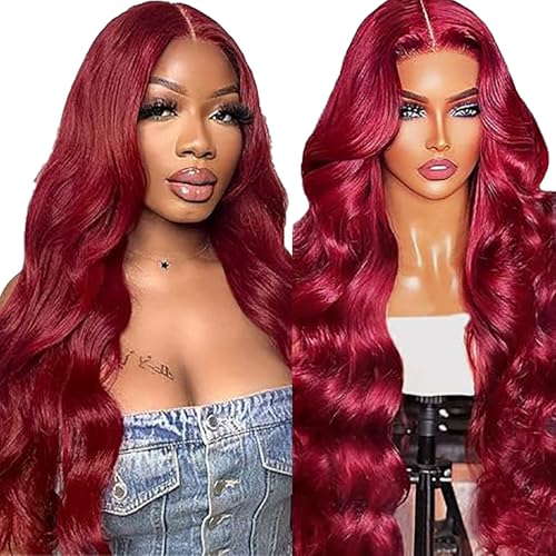 Lakaisa Menschliches Haar Body Wave Human Hair Wig 4X1 Lace #99J Burgundy Glueless Wear and Go Perücke Damen Echthaar Pre Bleached Knots Pre Plucked with Baby Hair for Woman 24 Zoll von Lakaisa