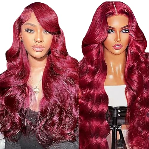 Lakaisa Menschliches Haar Body Wave Human Hair Wig 4X1 Lace #99J Burgundy Glueless Wear and Go Perücke Damen Echthaar Pre Bleached Knots Pre Plucked with Baby Hair for Woman 28 Zoll von Lakaisa