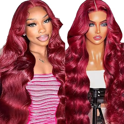 Lakaisa Menschliches Haar Body Wave Human Hair Wig 4X1 Lace #99J Burgundy Glueless Wear and Go Perücke Damen Echthaar Pre Bleached Knots Pre Plucked with Baby Hair for Woman 34 Zoll von Lakaisa