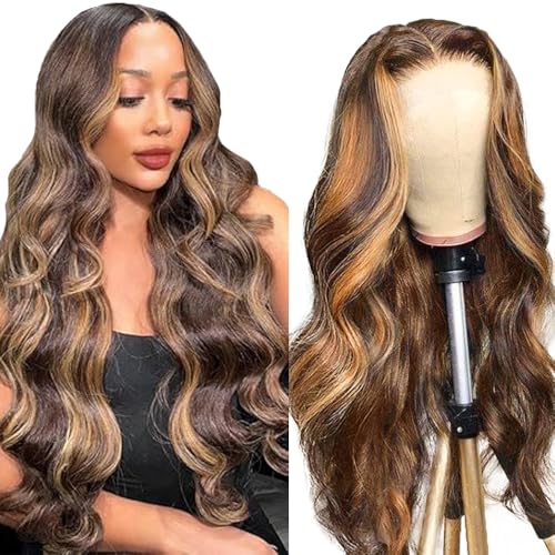 Lakaisa Menschliches Haar Body Wave Human Hair Wig 4X1 Lace P4/27 Highlight Blonde Glueless Wear and Go Perücke Damen Echthaar Bleached Knots Pre Plucked Hairline with Baby Hair for Woman 32 Zoll von Lakaisa