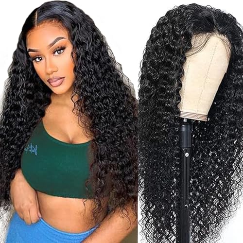 Lakaisa Menschliches Haar Curly Wave Human Hair Wig 4X1 Lace #1B Natural Black Glueless Wear and Go Perücke Damen Echthaar Bleached Knots Pre Plucked Hairline with Baby Hair for Woman 16 Zoll von Lakaisa
