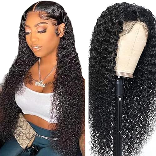Lakaisa Menschliches Haar Curly Wave Human Hair Wig 4X1 Lace #1B Natural Black Glueless Wear and Go Perücke Damen Echthaar Bleached Knots Pre Plucked Hairline with Baby Hair for Woman 18 Zoll von Lakaisa