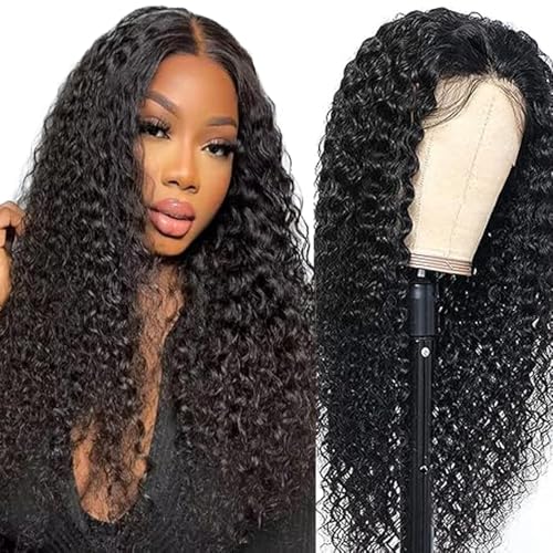 Lakaisa Menschliches Haar Curly Wave Human Hair Wig 4X1 Lace #1B Natural Black Glueless Wear and Go Perücke Damen Echthaar Bleached Knots Pre Plucked Hairline with Baby Hair for Woman 30 Zoll von Lakaisa