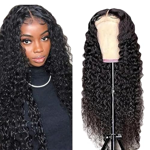 Lakaisa Menschliches Haar Deep Wave Human Hair Wig 4X1 Lace #1B Natural Black Glueless Wear and Go Perücke Damen Echthaar Bleached Knots Pre Plucked Hairline with Baby Hair for Woman 26 Zoll von Lakaisa