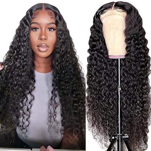 Lakaisa Menschliches Haar Deep Wave Human Hair Wig 4X1 Lace #1B Natural Black Glueless Wear and Go Perücke Damen Echthaar Bleached Knots Pre Plucked Hairline with Baby Hair for Woman 30 Zoll von Lakaisa