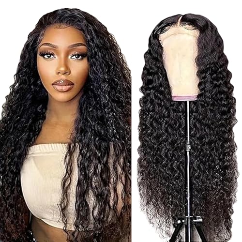 Lakaisa Menschliches Haar Deep Wave Human Hair Wig 4X1 Lace #1B Natural Black Glueless Wear and Go Perücke Damen Echthaar Bleached Knots Pre Plucked Hairline with Baby Hair for Woman 32 Zoll von Lakaisa