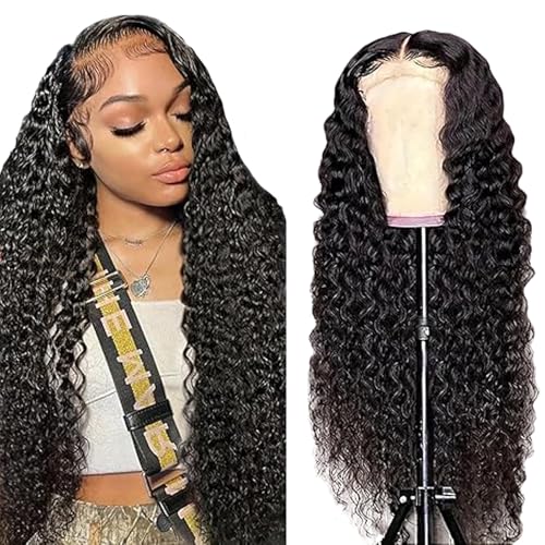 Lakaisa Menschliches Haar Deep Wave Human Hair Wig 4X1 Lace #1B Natural Black Glueless Wear and Go Perücke Damen Echthaar Bleached Knots Pre Plucked Hairline with Baby Hair for Woman 34 Zoll von Lakaisa