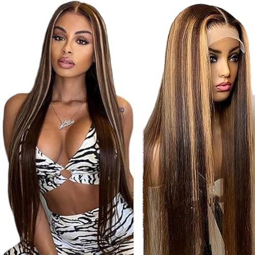 Lakaisa Menschliches Haar Human Hair Wig Straight 4X1 Lace P4/27 Highlight Blonde Glueless Wear and Go Perücke Damen Echthaar Bleached Knots Pre Plucked Hairline with Baby Hair for Woman 32 Zoll von Lakaisa