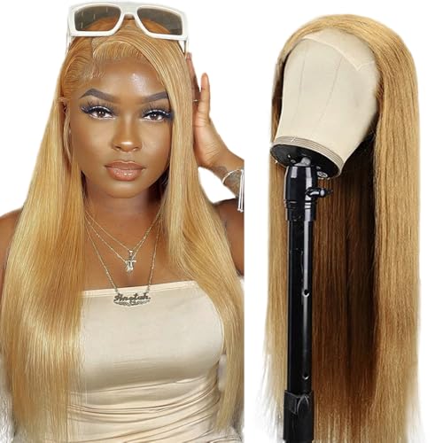 Lakaisa Menschliches Haar Straight Human Hair Wig 4X1 Lace #27 Blonde Glueless Wear and Go Perücke Damen Echthaar Pre Bleached Knots Pre Plucked with Baby Hair for Woman 14 Zoll von Lakaisa