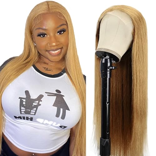 Lakaisa Menschliches Haar Straight Human Hair Wig 4X1 Lace #27 Blonde Glueless Wear and Go Perücke Damen Echthaar Pre Bleached Knots Pre Plucked with Baby Hair for Woman 24 Zoll von Lakaisa