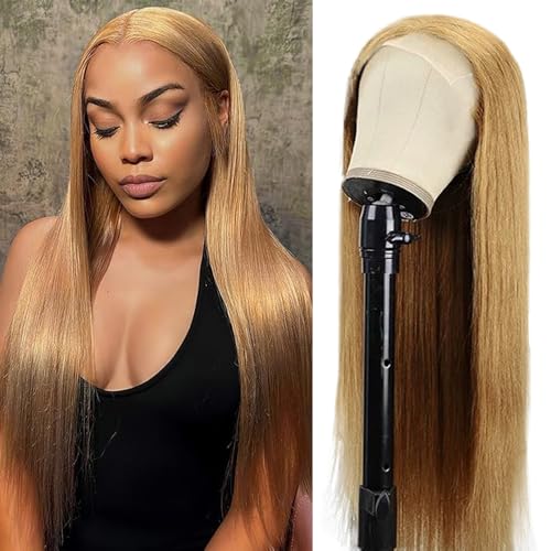 Lakaisa Menschliches Haar Straight Human Hair Wig 4X1 Lace #27 Blonde Glueless Wear and Go Perücke Damen Echthaar Pre Bleached Knots Pre Plucked with Baby Hair for Woman 34 Zoll von Lakaisa