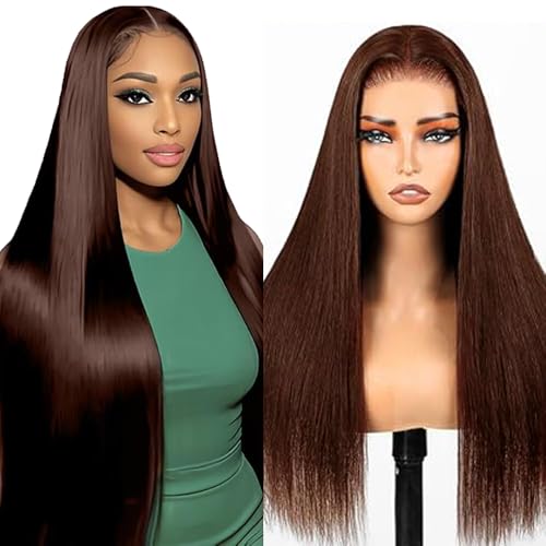 Lakaisa Menschliches Haar Straight Human Hair Wig 4X1 Lace #4 Chocolate Brown Glueless Wear and Go Perücke Damen Echthaar Pre Bleached Knots Pre Plucked with Baby Hair for Woman 26 Zoll von Lakaisa