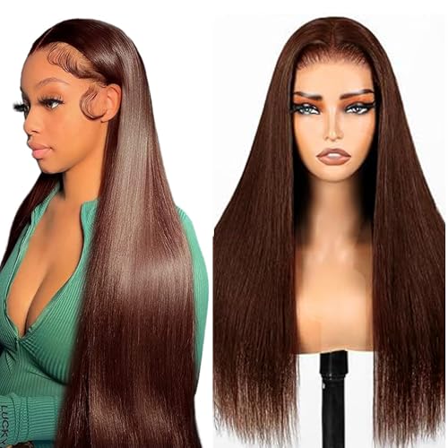 Lakaisa Menschliches Haar Straight Human Hair Wig 4X1 Lace #4 Chocolate Brown Glueless Wear and Go Perücke Damen Echthaar Pre Bleached Knots Pre Plucked with Baby Hair for Woman 28 Zoll von Lakaisa