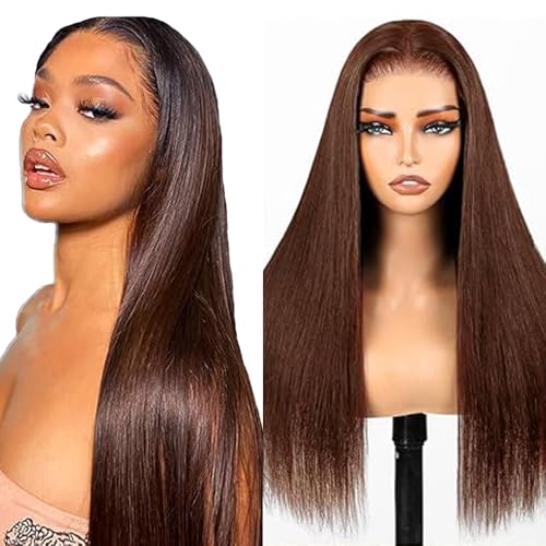 Lakaisa Menschliches Haar Straight Human Hair Wig 4X1 Lace #4 Chocolate Brown Glueless Wear and Go Perücke Damen Echthaar Pre Bleached Knots Pre Plucked with Baby Hair for Woman 34 Zoll von Lakaisa
