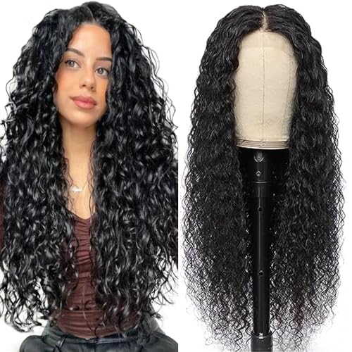 Lakaisa Menschliches Haar Water Wave Human Hair Wig 4X1 Lace #1B Natural Black Glueless Wear and Go Perücke Damen Echthaar Bleached Knots Pre Plucked Hairline with Baby Hair for Woman 34 Zoll von Lakaisa