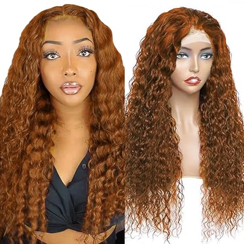 Lakaisa Curly Wave Human Hair Wig Lace Frontal Perücke Damen Echthaar Glueless Wear and Go Grade 8 A 100% Brazilian Remy Hair 4X1 HD Lace #30 Brown Color Hair No Smell for Women 26 Inch von Lakaisa