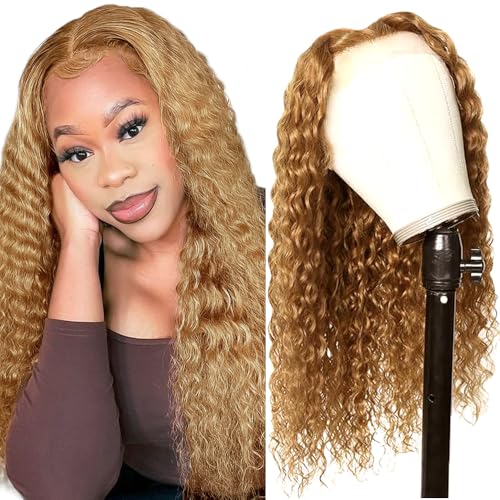 Lakaisa Water Wave Human Hair Wig Blonde 4x1 Lace #27 Blond Echthaar Perücke Damen Real Hair Glueless Wear and Go with Baby Hair 150% Density Unprocessed Virgin Hair Brazilian Remy Hair 32 Zoll von Lakaisa