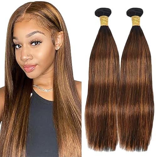 Lakaisa Straight Human Hair Bundles Brown Echthaar Tressen Extensions Sew in Hair P430 Highlight Real Hair Extensions 2 Bundles 100% Unprocessed Brazilian Virgin Hair for Woman 32 32 Zoll von Lakaisa
