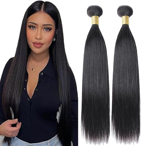Lakaisa Straight Human Hair Bundles Echthaar Tressen Extensions Sew in Hair Natural Black Real Hair Extensions 2 Bundles Unprocessed Virgin Human Hair for Women 18 18 Zoll von Lakaisa