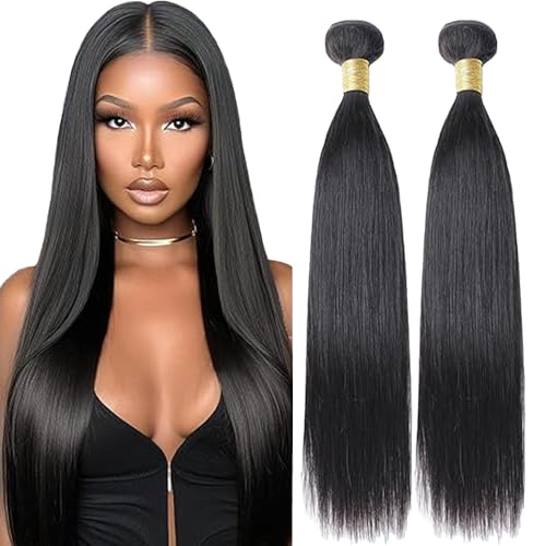 Lakaisa Straight Human Hair Bundles Echthaar Tressen Extensions Sew in Hair Natural Black Real Hair Extensions 2 Bundles Unprocessed Virgin Human Hair for Women 20 20 Zoll von Lakaisa