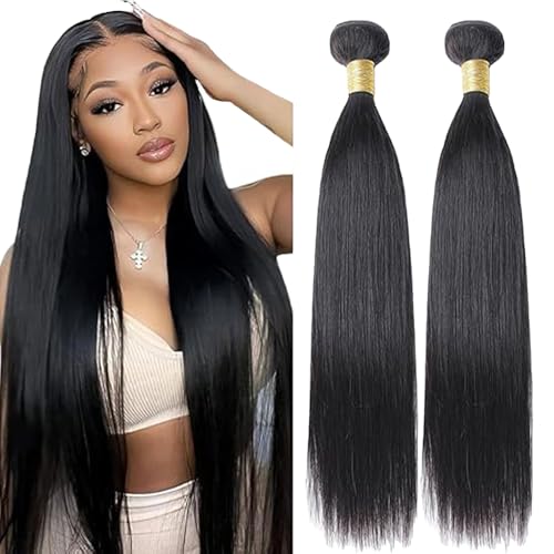 Lakaisa Straight Human Hair Bundles Echthaar Tressen Extensions Sew in Hair Natural Black Real Hair Extensions 2 Bundles Unprocessed Virgin Human Hair for Women 22 22 Zoll von Lakaisa