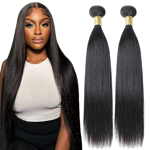 Lakaisa Straight Human Hair Bundles Echthaar Tressen Extensions Sew in Hair Natural Black Real Hair Extensions 2 Bundles Unprocessed Virgin Human Hair for Women 34 34 Zoll von Lakaisa