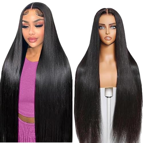 Lakaisa Straight Human Hair Wig Echthaar Perücke Damen 13X1 Lace Natural Black Pre Plucked Unprocessed Remy Hair 180% Density Minimal Shedding Minimal Tangle 34 Zoll von Lakaisa